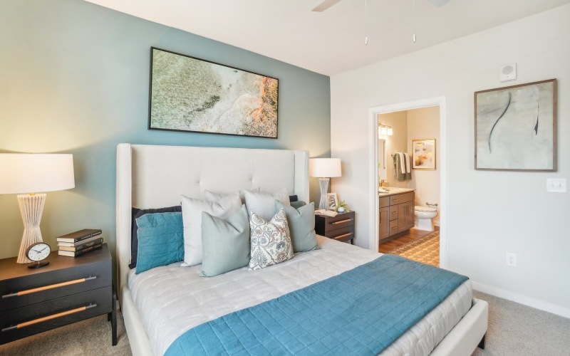 bedroom with teal accents and a large plant next to the window